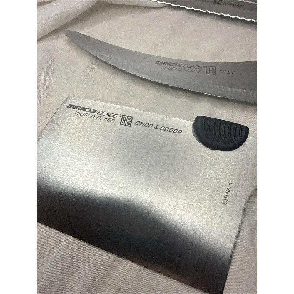 Miracle Blade III 5 Pc Knife Chop Carve Cheese Rock Filet 17 Slot Wood Block Lot